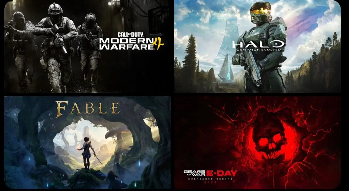 Promotional images forCall of Duty: Modern Warfare 4, Halo: Campaign Evolved, Fable (2026) and Gears of War: E-day